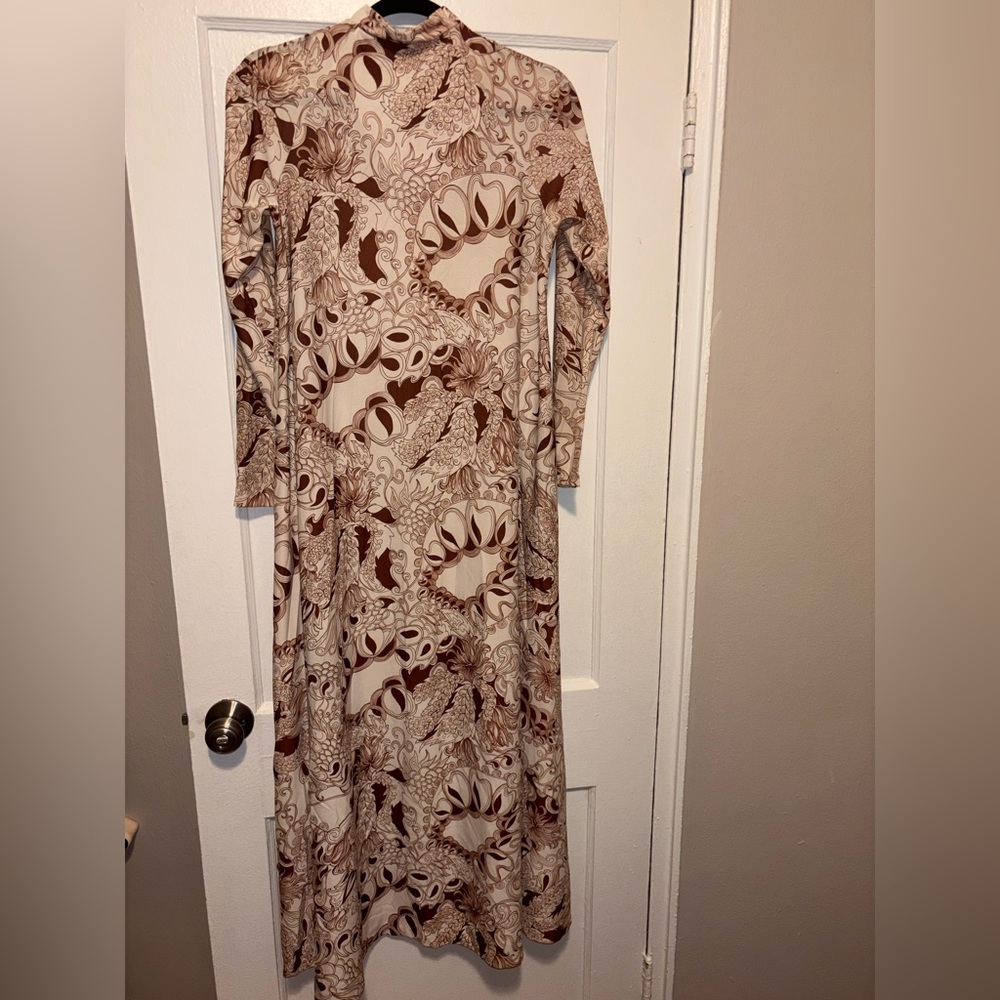 VTG 70s Printed Shift Maxi Day Dress Mumu Mock Neck Paisley Brown Retro Boho